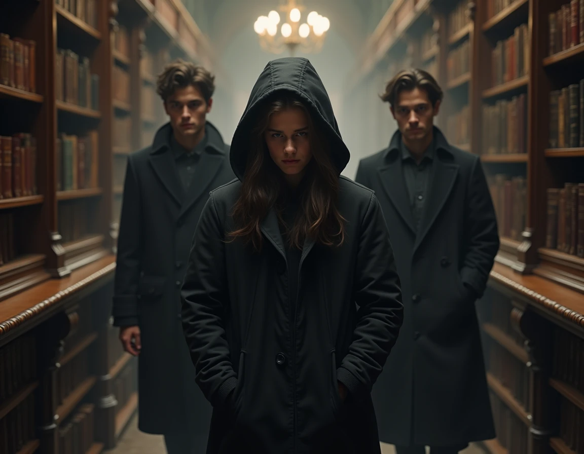 , (highest quallity、tabletop、8k、best quality image、Hyper-Realism) male teenager, belo male teenager, long hair castanho escuro, wearing a hooded coat on his head, detailded, long hair, following two men, Grieving, in a library