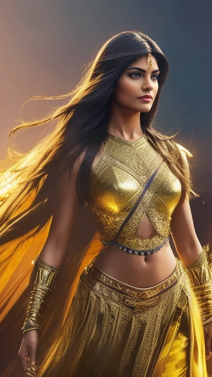 A beautiful Indian woman superhero, long dark hair, piercing eyes, high cheekbones, detailed facial features, intricate body armor with gold accents, holding a golden lasso, flying through the sky, dramatic lighting, cinematic composition, vibrant colors, epic fantasy, concept art style