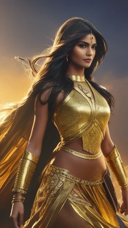 A beautiful Indian woman superhero, long dark hair, piercing eyes, high cheekbones, detailed facial features, intricate body armor with gold accents, holding a golden lasso, flying through the sky, dramatic lighting, cinematic composition, vibrant colors, epic fantasy, concept art style