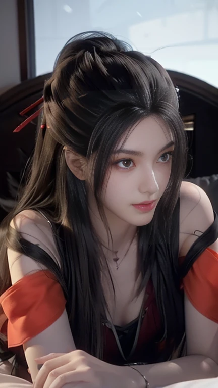 ((whole body)), 1 girl, Long hair, Translucent red skirt, (Transparent red silk), Black Hair, (Lying in bed), Slender eyes, Fascinating eyes, Extremely detailed photos of the goddess, Three long thin red hairpins, Elongated eyebrows, tall, Snow-white skin, Medium breasts, Exposing chest, Very high color saturation, Off-shoulder, long legs, raised eyebrows, light smile, Barefoot, bare legs, Delicate face, Fluffy hair, Small mouth, flame, Surrealism, ray tracing, reflection light, Fujicolor, retina, masterpiece, anatomically correct, high details, highres, 8k, super detail