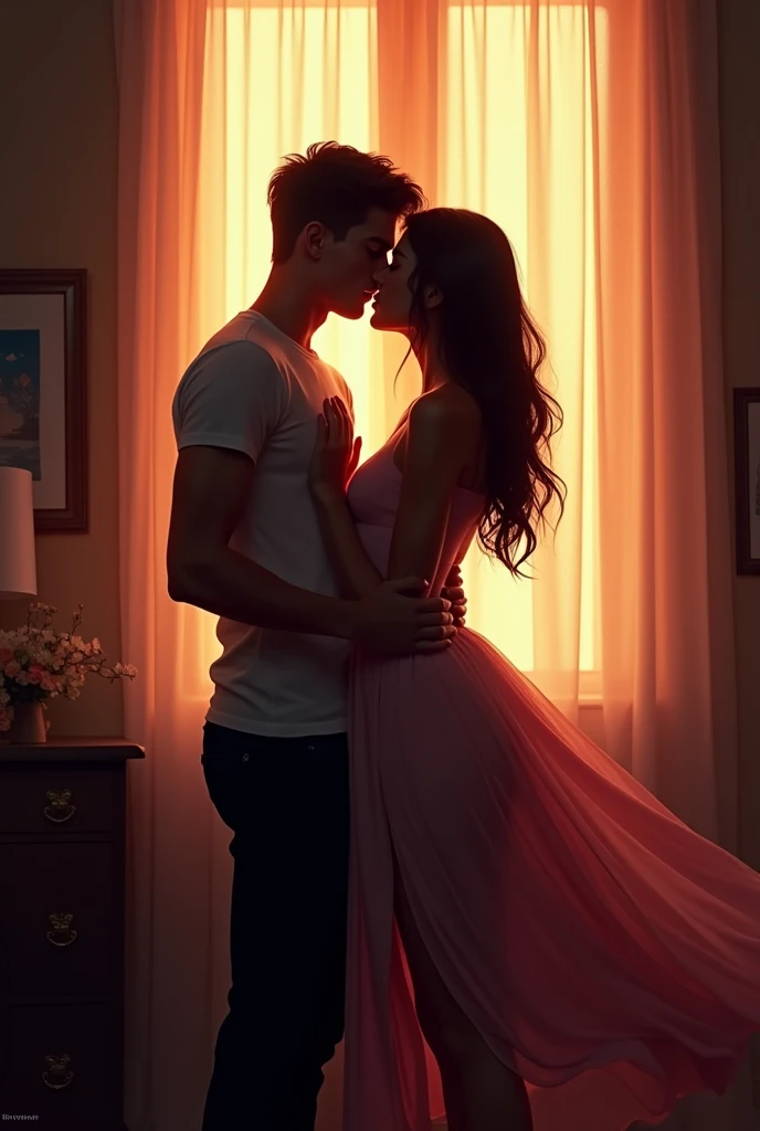 Colored lights in a room and on a wall you can see the shadow of a young beardless man kissing the back of a woman in a skirt