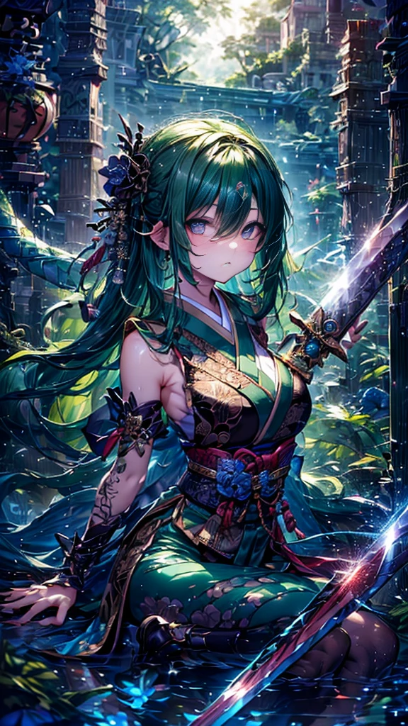 Personification of Yamata no Orochi))) (Beautiful trainee)、snake print tights、(((Japanese Goth))) (Dark green hair)、 Sword Fight