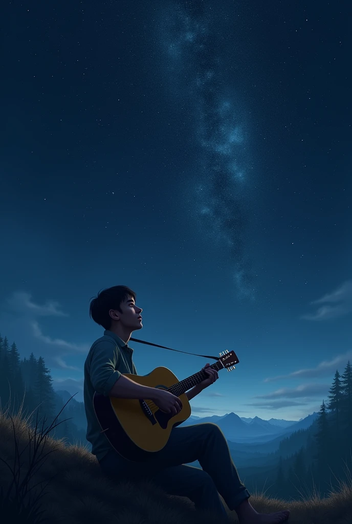 Man with a guitar looking at the stars at night
