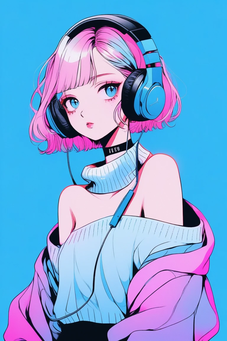 Illustrator, anime , Realistic ,sketch , 1 person, ,lip, Off-the-shoulder sweater, (((whole body))), order, Blue gradient background, Neon Medium Hair,Big eyes, headphones hanging from neck, Texture Trim, Canadian, (masterpiece,Highest quality) cancer