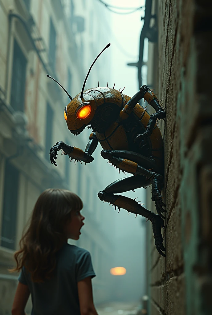 a cockroach superhero crawling on the wall, girl screaming, highly detailed, 8k, photorealistic, detailed skin textures, hyperrealistic, intricate details, cinematic lighting, dramatic pose, cinematic angle, striking colors, muted palette, gritty, urban setting, cyberpunk, intricate mechanical features, insectoid features, glowing eyes, powerful muscles, dynamic action, cinematic framing, striking composition