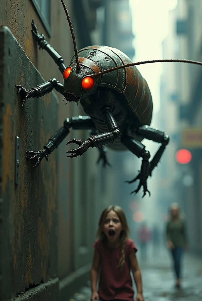 a cockroach superhero crawling on the wall, girl screaming, highly detailed, 8k, photorealistic, detailed skin textures, hyperrealistic, intricate details, cinematic lighting, dramatic pose, cinematic angle, striking colors, muted palette, gritty, urban setting, cyberpunk, intricate mechanical features, insectoid features, glowing eyes, powerful muscles, dynamic action, cinematic framing, striking composition