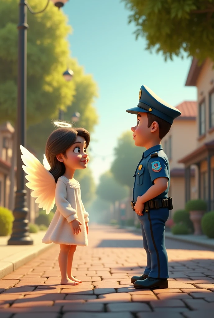 An angel talking with police man in old home road  3d cartoon