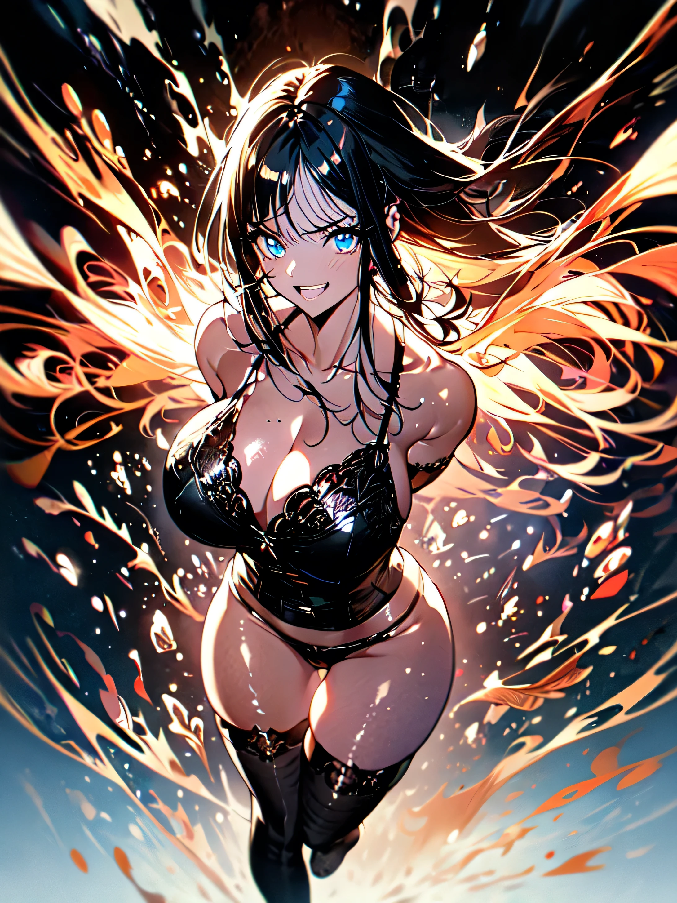 (Nico Robin), (One Piece), highest quality, (masterpiece:1.2), alone, open your mouth, smile, black hair, blue eyes, (huge breasts), (black lingerie), standing, looking at viewer, full body, from the front, cleavage, ((arms behind back)), (black background), particles, glowing particles, sparks, thick thighs, thigh highs, shiny skin, 

