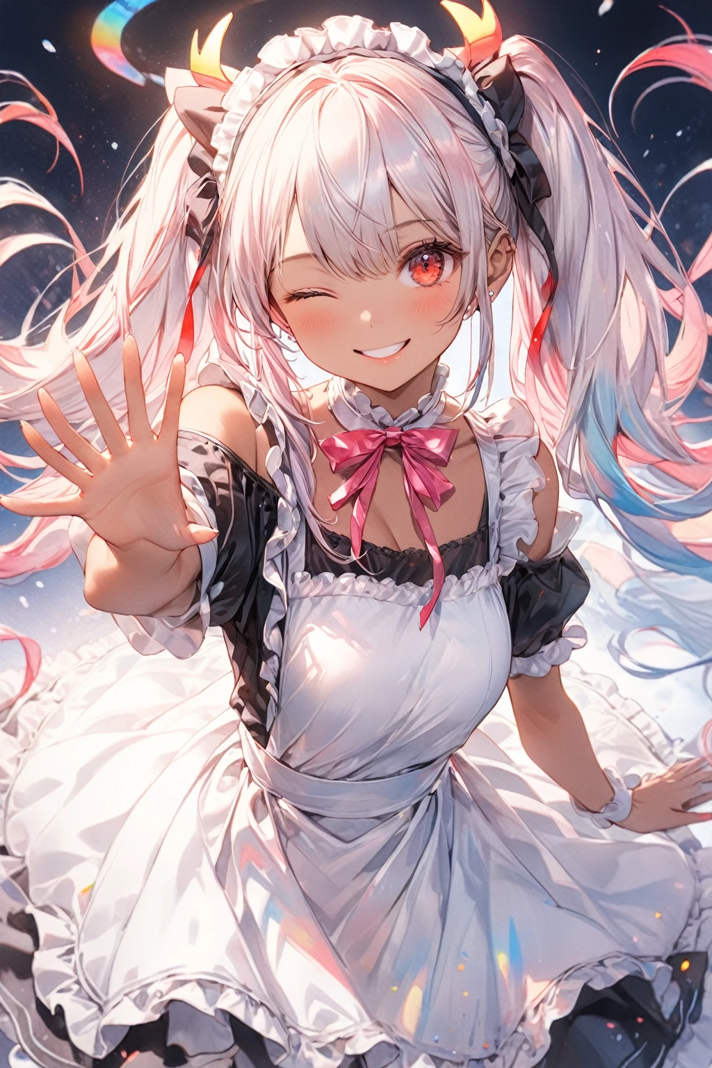 (8K, Highest quality, masterpiece:1.2),(Highest quality:1.0), (Ultra-high resolution:1.0), watercolor, 1girl,solo,(tan),White hair,twin tail,long hair,maid's outfit,cold shoulder,red eyes,reaching out,smile from ear to ear,(one eye closed), Very bright and luminous design, pastel colour, (ink:1.3),