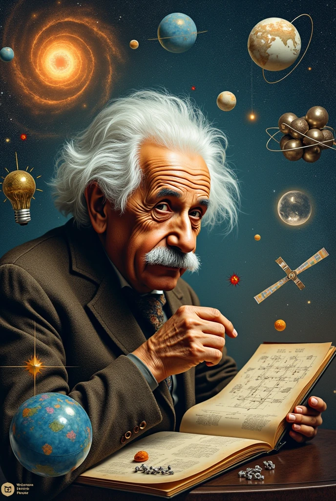 several images: An atomic model, Einstein with the formula E=mc^2, Rutherford&#39;s atomic nucleus, quantum mechanics diagrams, Hubble observing galaxies and NASA&#39;s COBE mission with cosmic data.