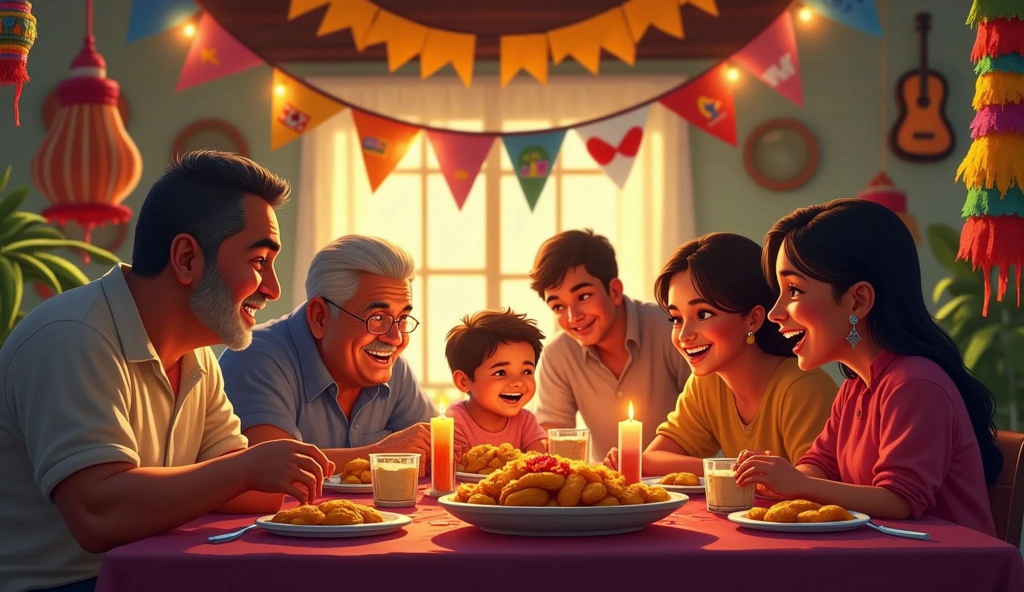 Design an image for Hispanic Heritage Month that captures the essence of community and family. The scene should feature a multi-generational family gathered around a festive table, sharing traditional foods like tamales and empanadas. Include decorations like papel picado, candles, and vibrant textiles. Surround the scene with symbols of Hispanic culture, such as a piñata, a guitarra, and a flag banner representing various Latin American countries