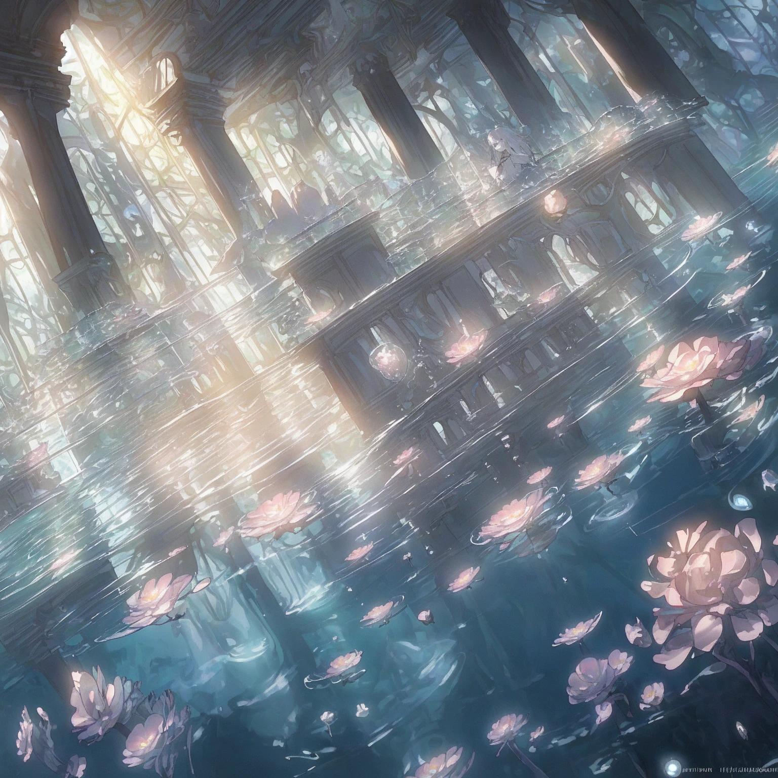 Under the water Drawing flowers, a fleeting beautiful girl, lace fabric and glass against the backdrop of submerged ruins A transparent, three-dimensional anime figure-style illustration made of transparent light consisting of a binary code fractal summoning magic circle of water and bubbles and a pale white and transparent gradation A landscape painting of the Sorcery Club clubroom swaying in the water A beautiful white-haired old woman who stayed up all night Beauty, piercing grey eyes, transparent skin made of glass A transparent dress and the texture of mother-of-pearl and ice I like submerged ruins Shadow Backlight Reflection Refraction Spectroscopy Prism Ray tracing Cute tropical fish and water spirits playing Making full use of aerial perspective, colloidal phenomena and the Tyndall effect to create a fantastical space with dust effects, light flakes and numerous glowing threads Lens flare