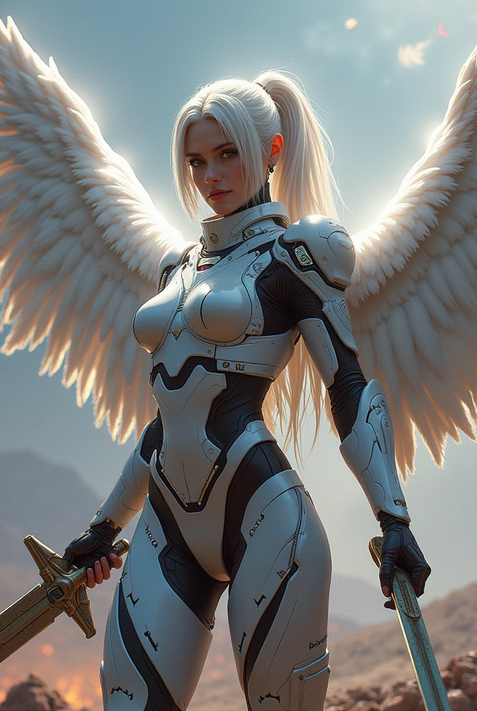 archangel michael,war effect,REAL - style image of a woman with a sword in a field, cyberpunk art inspired by Leng Mei, cgsociety contest winner, fantasy art, beautiful cyborg angel girl, angel knight girl, as a mystical valkyrie, battle angel, angel in plastic armor, mechanized valkyrie girl, unreal engine 4k wallpaper, wraith from apex legends, epic angel wings