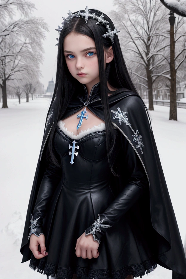 TeEn girl, evil, teenager(1.3),13 years old, teen girl, very small breats, black hair and blue eyes, detailed face, angelical face,cleavage, small breasts, dress with cape, desing with christian cross ,background in snow in prussia