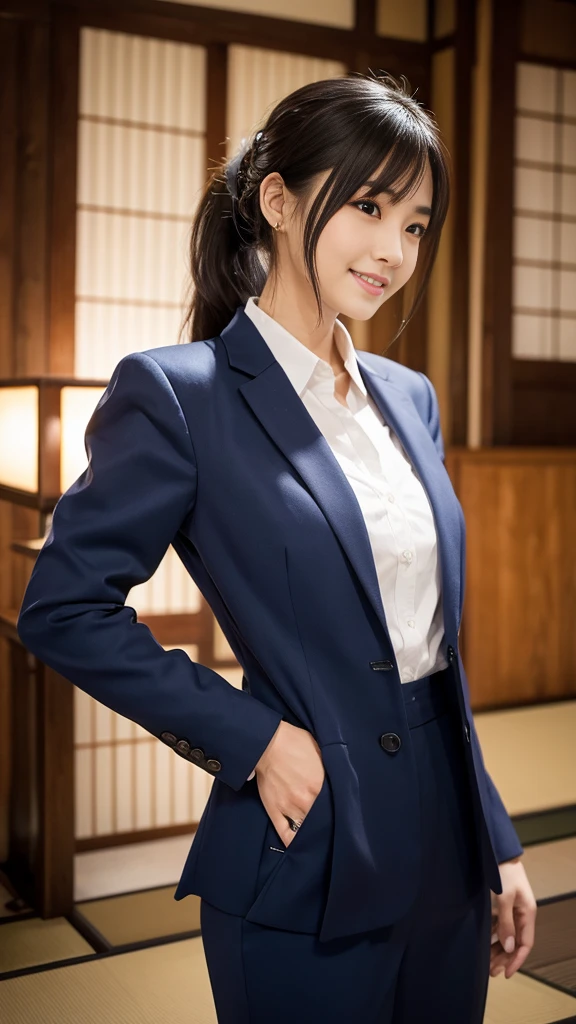 One person,((woman)),(Age 25:1.3),(Japanese,Cool Beauty:1.2),(Photorealistic,Perfect Anatomy:1.3),(Super detailed, masterpiece:1.2), Highest quality,RAW Photos, Exquisite, beautiful ,Cowboy Shot,Sharp focus, Depth of written boundary ,Blur the background, Bokeh ,Lens flare, Ray Tracing,Cinema Lighting,,Dress shirt、business suit,Sexy pose,Half-laugh,Medium Hair,Lower ponytail,Black Hair