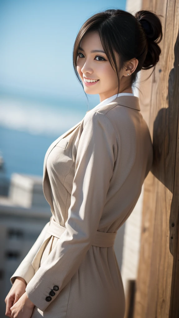 One person,((woman)),(Age 25:1.3),(Japanese,Cool Beauty:1.2),(Photorealistic,Perfect Anatomy:1.3),(Super detailed, masterpiece:1.2), Highest quality,RAW Photos, Exquisite, beautiful ,Cowboy Shot,Sharp focus, Depth of written boundary ,Blur the background, Bokeh ,Lens flare, Ray Tracing,Cinema Lighting,,Dress shirt、business suit,Sexy pose,Half-laugh,Medium Hair,Lower ponytail,Black Hair