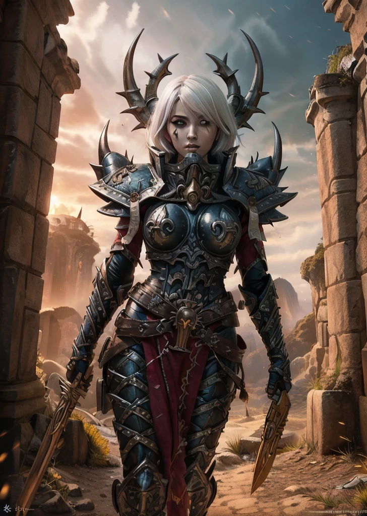 (1girl, beautiful detailed eyes, beautiful detailed lips, extremely detailed eyes and face, longeyelashes, demon girl, horns, armor, colored skin, tentacles, claws, glowing eyes, nosebleed, in detailed oasis, fantasy, dark fantasy, slaanesh, digital painting, 4k, photorealistic, hyper detailed, cinematic lighting, intricate details, vibrant colors)