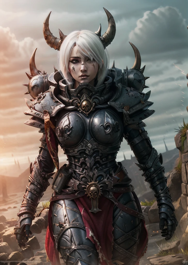 (1girl, beautiful detailed eyes, beautiful detailed lips, extremely detailed eyes and face, longeyelashes, demon girl, horns, armor, colored skin, tentacles, claws, glowing eyes, nosebleed, in detailed oasis, fantasy, dark fantasy, slaanesh, digital painting, 4k, photorealistic, hyper detailed, cinematic lighting, intricate details, vibrant colors)