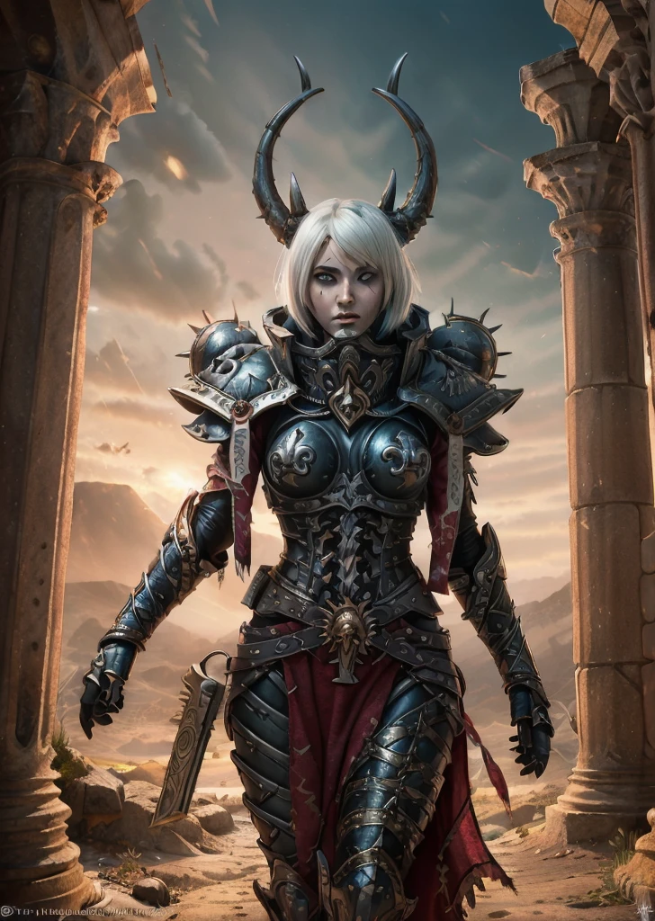 (1girl, beautiful detailed eyes, beautiful detailed lips, extremely detailed eyes and face, longeyelashes, demon girl, horns, armor, colored skin, tentacles, claws, glowing eyes, nosebleed, in detailed oasis, fantasy, dark fantasy, slaanesh, digital painting, 4k, photorealistic, hyper detailed, cinematic lighting, intricate details, vibrant colors)