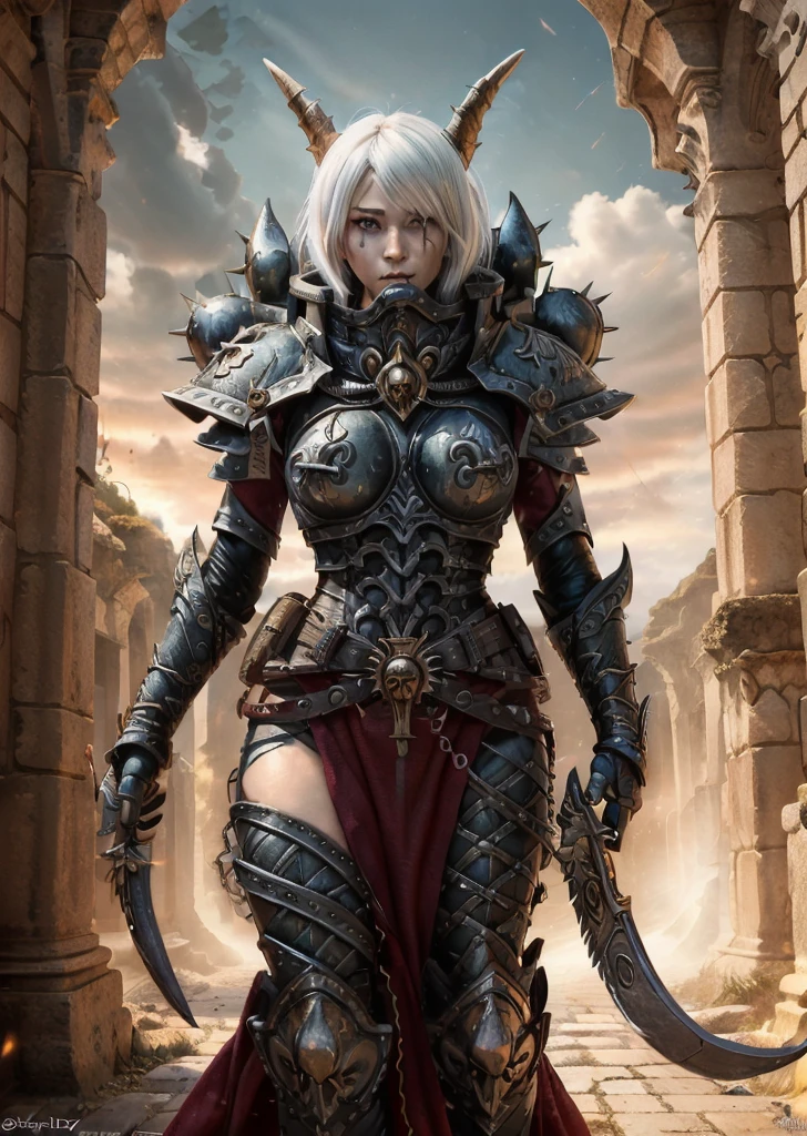 (1girl, beautiful detailed eyes, beautiful detailed lips, extremely detailed eyes and face, longeyelashes, demon girl, horns, armor, colored skin, tentacles, claws, glowing eyes, nosebleed, in detailed oasis, fantasy, dark fantasy, slaanesh, digital painting, 4k, photorealistic, hyper detailed, cinematic lighting, intricate details, vibrant colors)