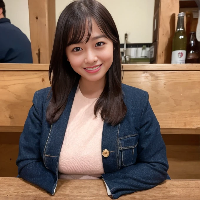 1girl, hashimotokanna ,alone, highest quality, 8k,knit服, ((Plump)), ((big breasts)),knit, jeans,, best smile ever,Izakaya, Grow eyes, shining happiness, considerate personality, sweet feminine aura, Calm but resolute attitude, lightly freckled cheeks, spirit of warmth and joy, blazer, eyes shining with dedication, location Izakayaの中,Izakaya,Izakaya,beer mug, background Two people in love,couple,A picture of a man and a woman, a humble and dedicated ,man in his 40s,man in his 40s,man in his 40s,middle aged male,Old man,