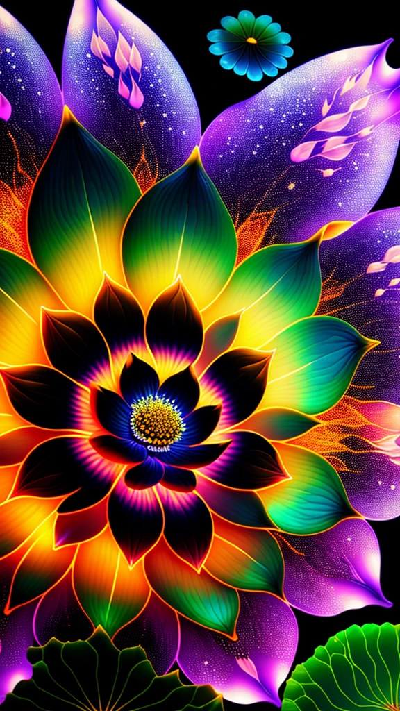 Lotus flower、Third Eye、Open your eyes、（masterpiece，Highest quality），（Awareness-raising），（Black Light UV: 1.5）,Strange fungal disease dense forest，Transparent sticky substance，Caustics，crystallization，Cleavage close-up，Intricate details，Dark Background，Glowing spores，Rainbow crystallization，(dark)，(Black Light Art)，UV rays