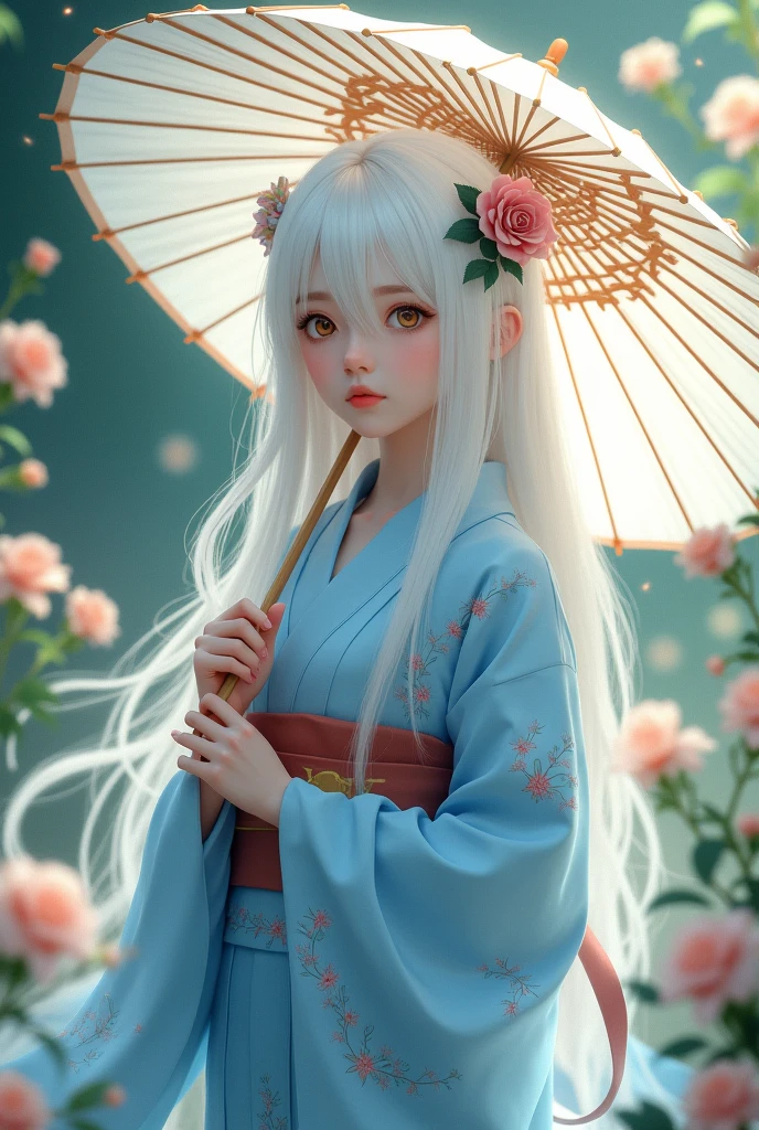 Umbrella girl White hair Blue kimono Flowery with cute rose