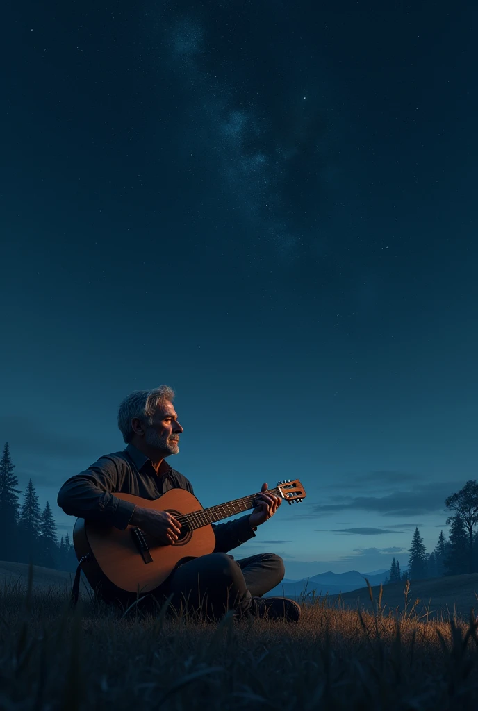 Man with a guitar looking at the stars at night