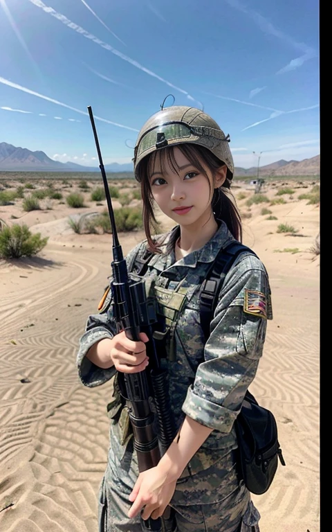 Japan cute、Detailed military clothing in camouflage pattern、Wear a military half helmet、In-depth RPG(Rocket Launcher)The appearance of brandishing、focus on weapon、The setting is a desert wilderness.、Fighting expression