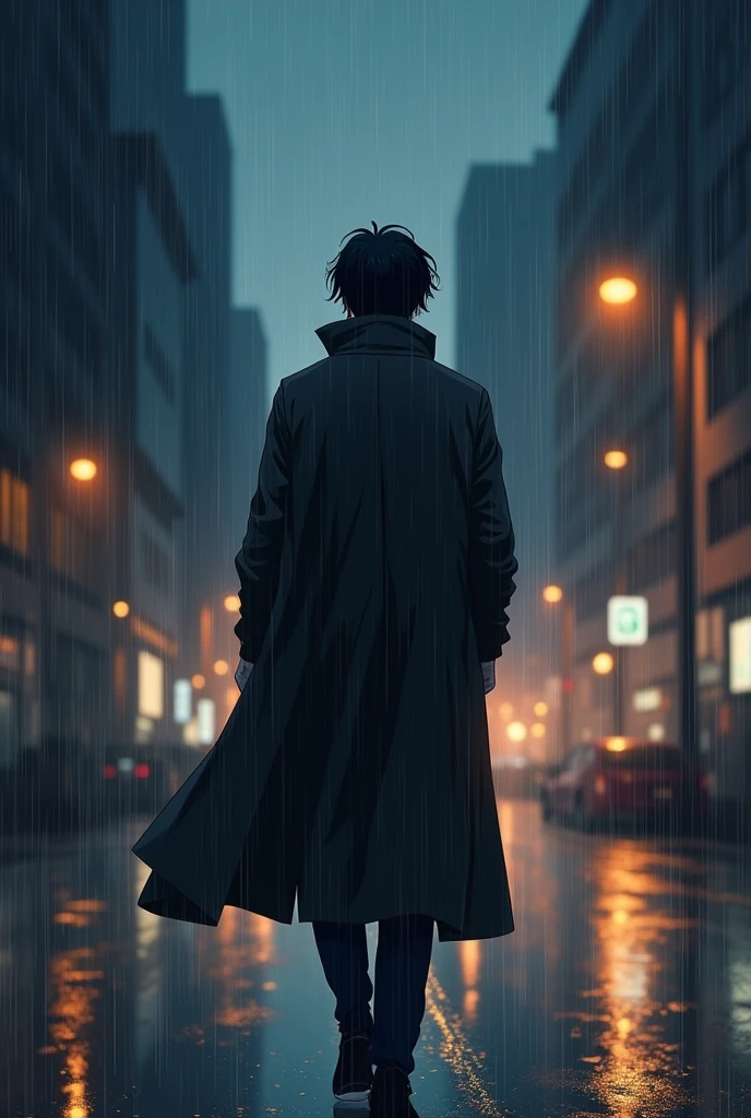 Generate me an anime drawing of a man in a black coat with a cigarette in the middle of the rain and with the cap of the coat with medium-short hair on while he walks and there are streetlights that illuminate the city
. Please