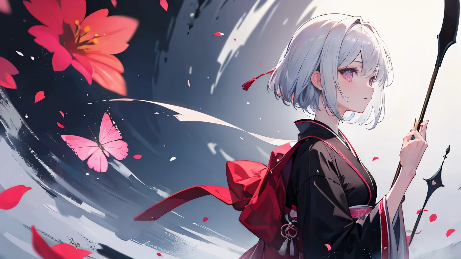 ((Highest quality)), ((masterpiece)), (detailed)、A woman with silver short hair and pink eyes、Wearing a black kimono、prayer、Angle from afar、profile