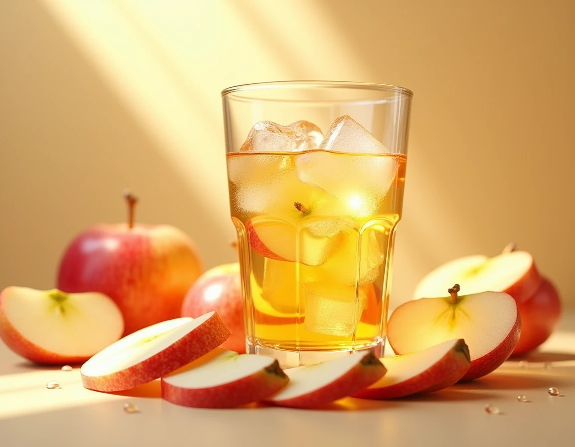 apple juice in a glass cup with ice and sliced apple around the glass.apply a heat filter