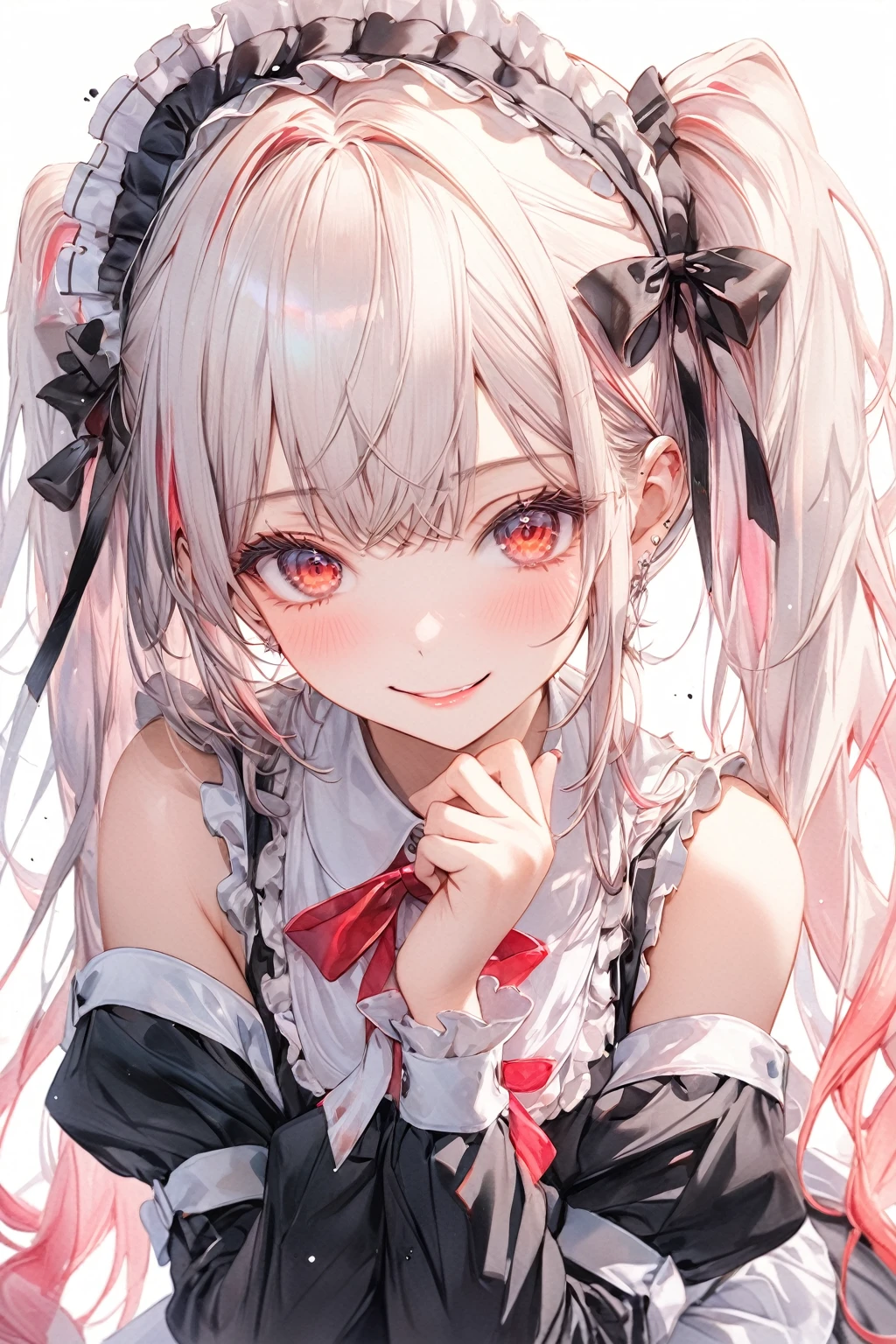 (8K, Highest quality, masterpiece:1.2),(Highest quality:1.0), (Ultra-high resolution:1.0), watercolor, 1girl,solo,White hair,twin tail,long hair,maid's outfit,cold shoulder,red eyes,(winking), Very bright and luminous design, pastel colour, (ink:1.3),
