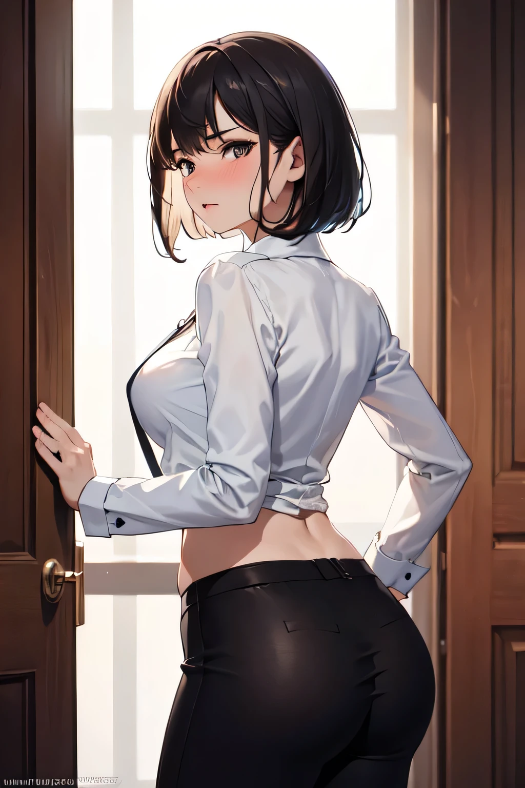 (((masterpiece,best quality,ultra detailed,high resolution))),One person,Cute face,Black Hair,Bob Hair,shame,pants suit,looking back,hip focus,nose blush,furrowed brow,cowboy shot