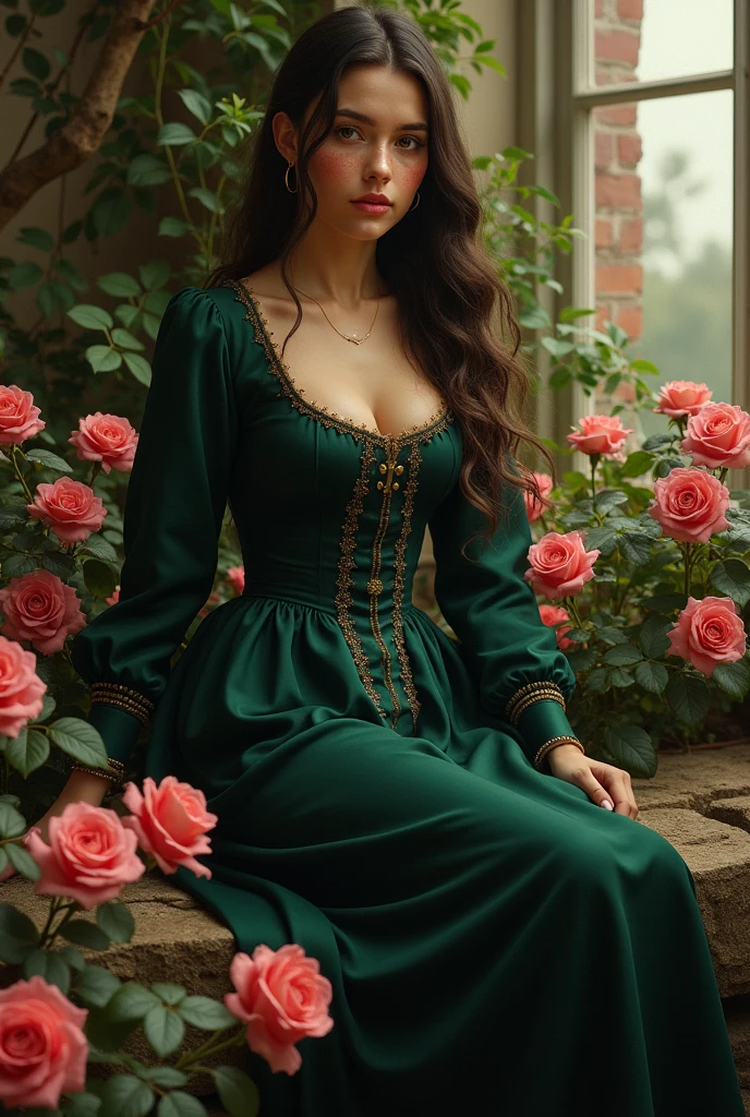 (photorealism:1.2), 19th century painting, beautiful woman, sitting on rock, surrounded by roses, wearing victorian dark green conservative and covering silk dress with long sleeve, long wavy hair, indoors, soft lighting, plants in background, window with sunlight, dark gaze, greenish hazel eyes, tanned skin, freckles, pretty, beautiful, no smile on her face, neutral expression, not thin, not skinny, a little bit chubby on the face