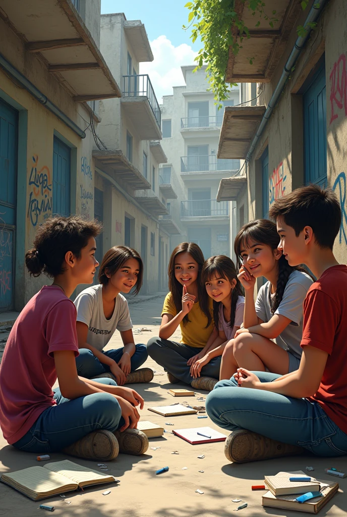 Young people in a poor neighborhood talking and learning