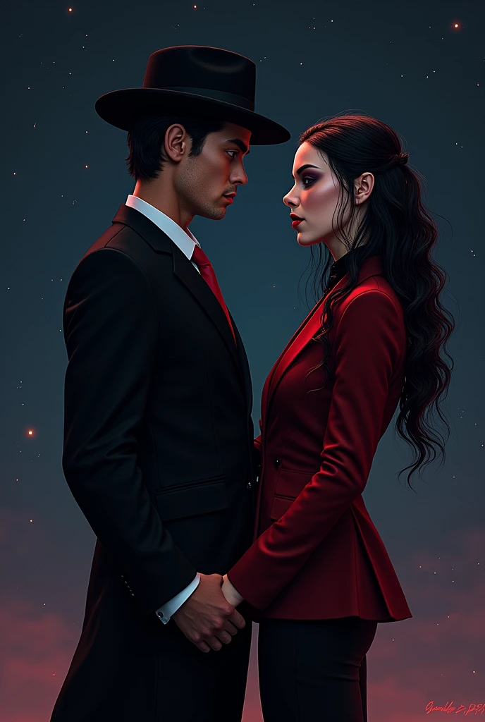 Make an image of two Umbanda entities, Black Joe and Mary Razor. Do both together, but without being a couple, on a dark and starry night. Mr. Zé Pretinho wears a black suit, black hat and red tie.Dona Maria Navalha also wears a black and red suit