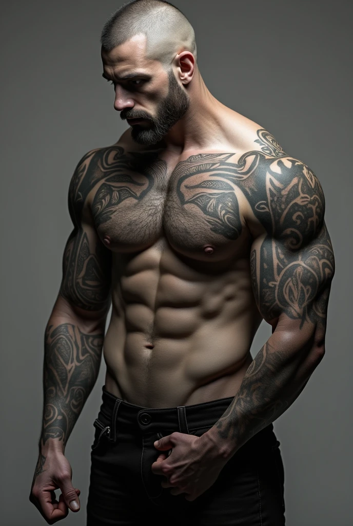 White man in boxing, Marked body, lowering his hand towards his intimate parts with a sexy look