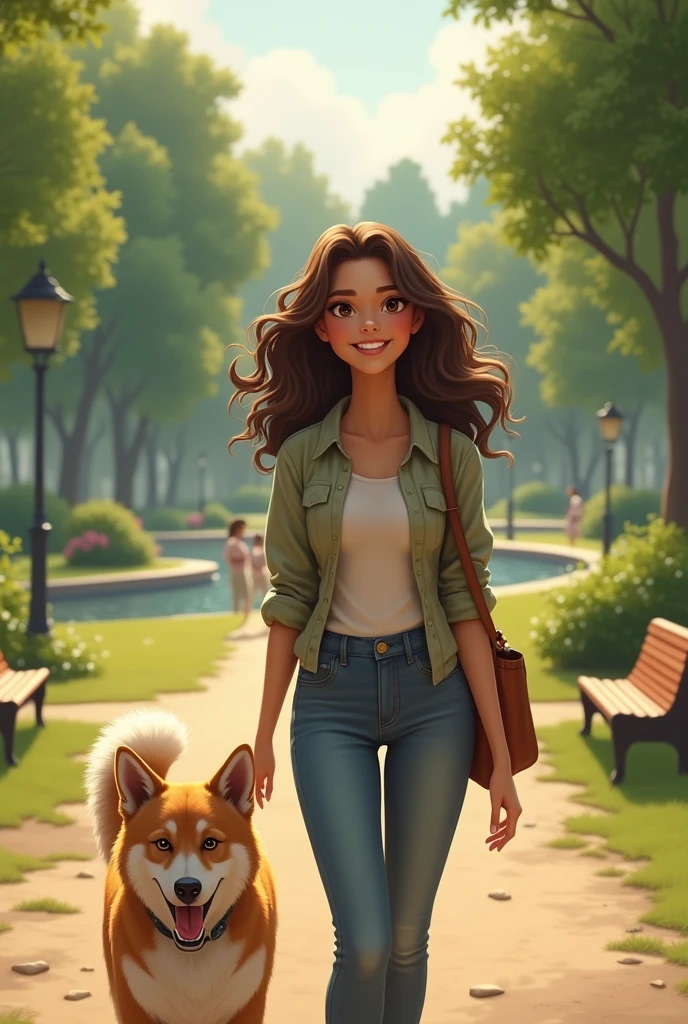 Brunette girl with curly hair walking a dog and a wide background of a park behind her 