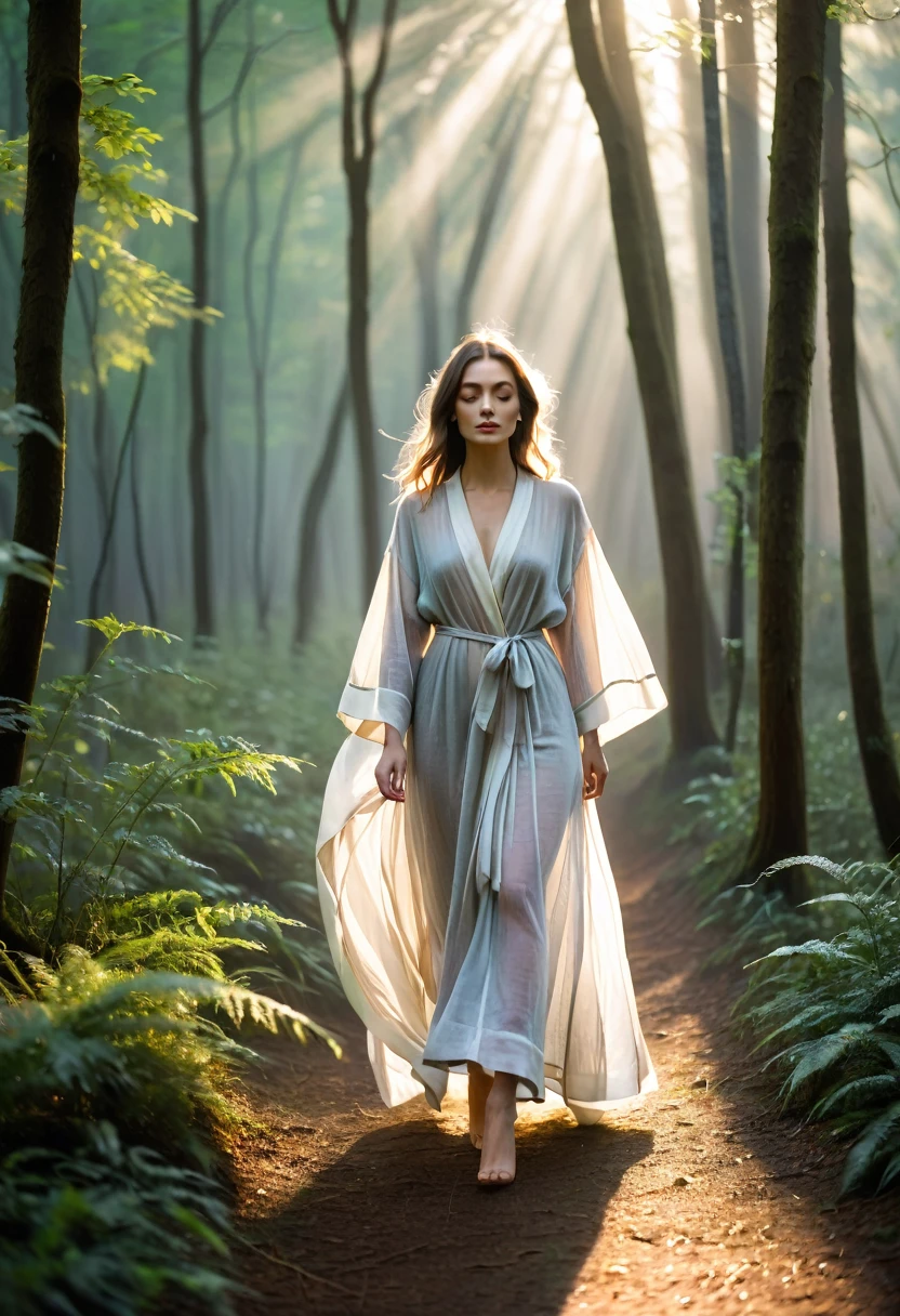 An elegant woman in ethereal linen robes walks through a misty forest in the morning sunlight