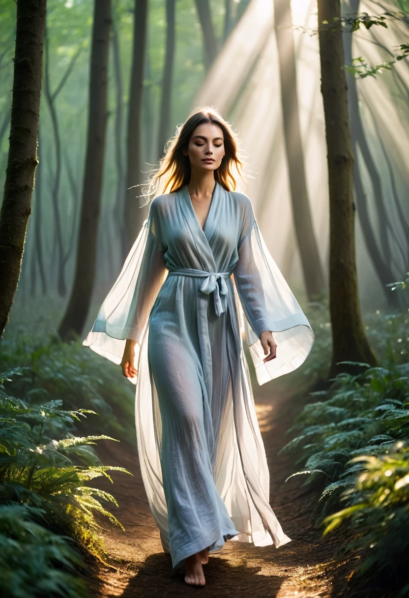 An elegant woman in ethereal linen robes walks through a misty forest in the morning sunlight