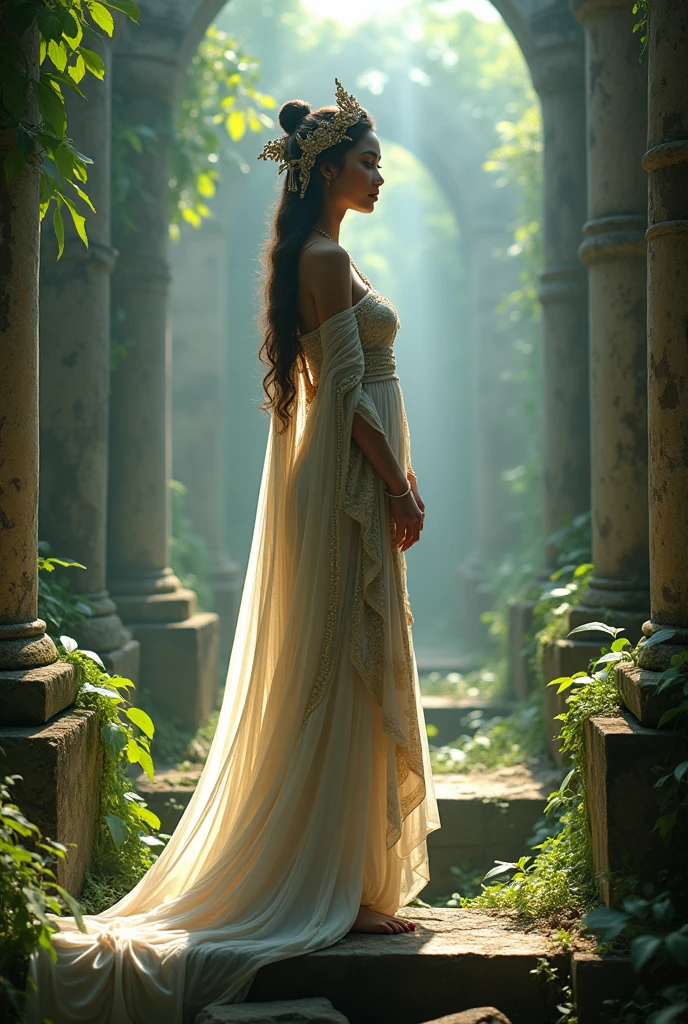 Beauty Indonesian woman, goddess of beauty, stand on the old temple, good quality photo image.