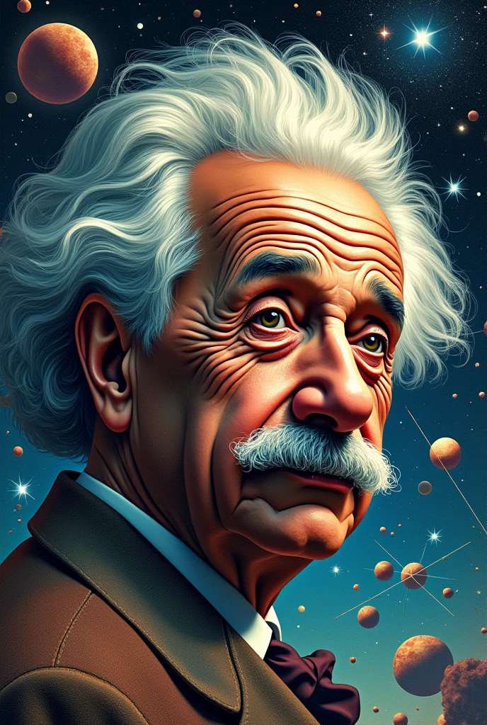 several images: An atomic model, Einstein with the formula E=mc^2, Rutherford's atomic nucleus, quantum mechanics diagrams, Hubble observing galaxies and NASA's COBE mission with cosmic data.