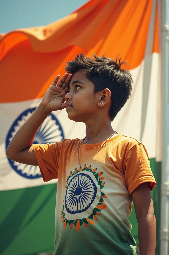 ((best quality)), ((masterpiece)), (detailed),
An adult boy saluting indian flag , but that boy is wearing a t-shirt jursey naming Vishnu