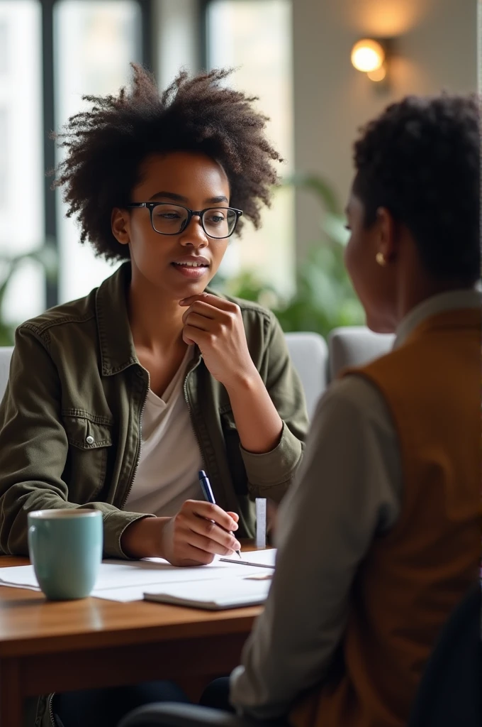 A student performing the interview research technique with someone. 