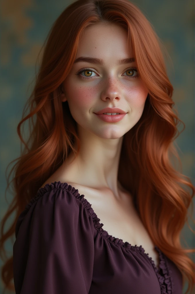 German -year-olmale y beautiful with a almond-shaped face with a full lip and high cheekbones and kind smile with very long auburn hair and light brown eyes and wearing a modest dark purple dress