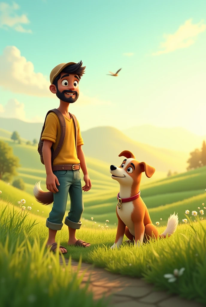 cartoon 3d animation style "A peaceful morning scene of Ramesh and Sheru in the fields**, working together with a strong bond.
