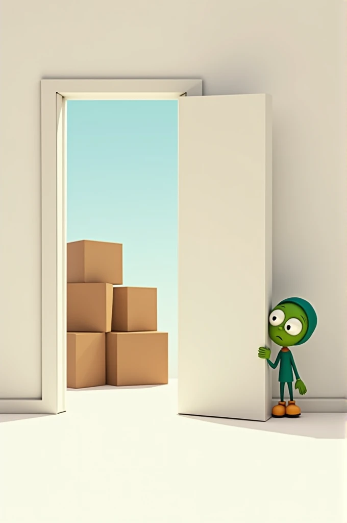 Create the image using two rectangular doors as a reference, one of which appears to be open, and where you can see the white background of the room with some cardboard boxes stacked on top, where on one of the sides a little Martian stands out, holding one of the edges with one of his hands and looking outwards.