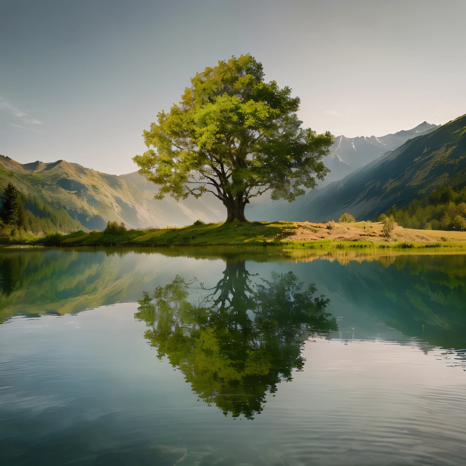 I want the part of the photo reflected in the water below to be transformed into a realistic depiction of heaven.