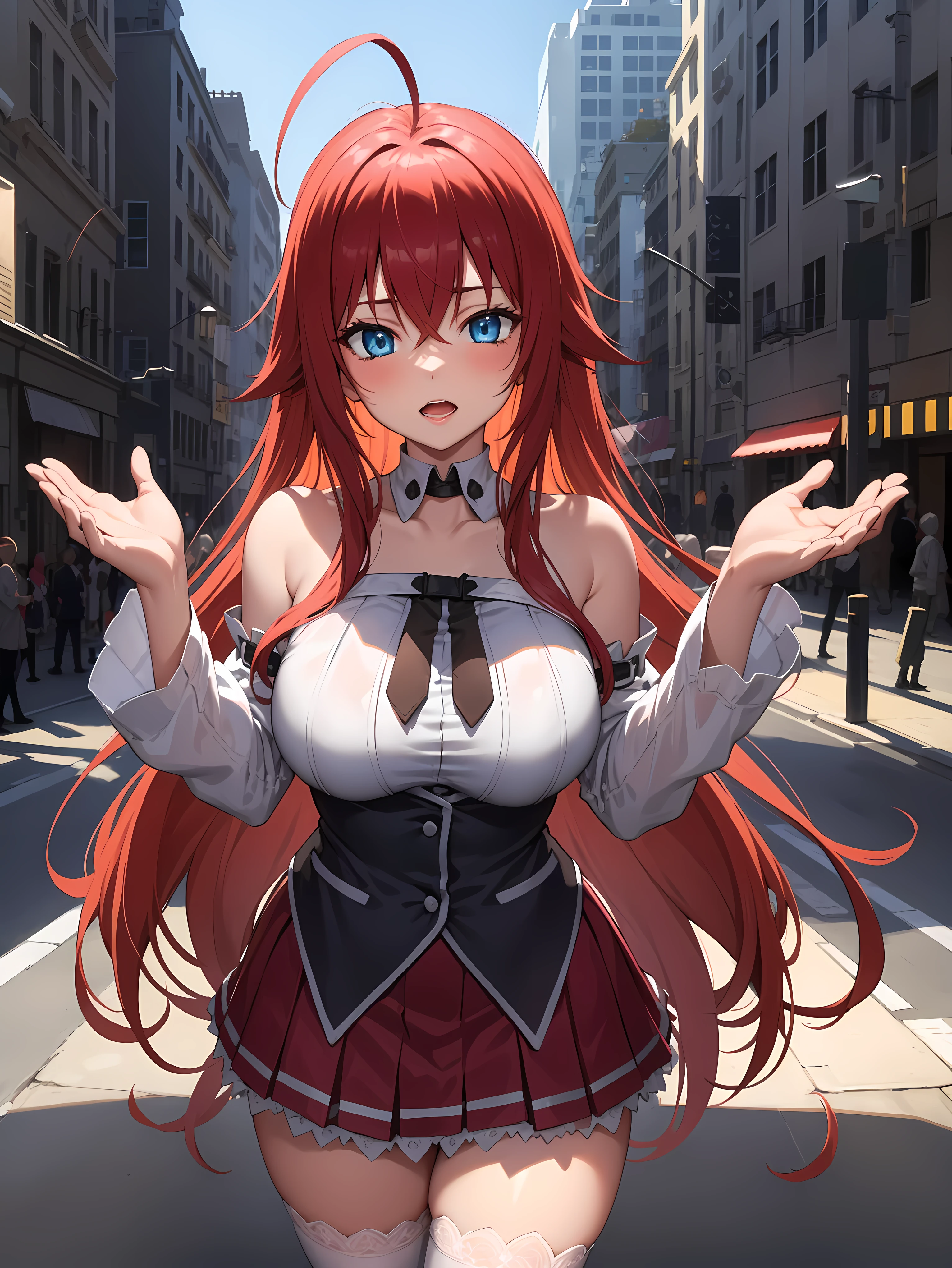 ANIME_DxD_Rias_Gremory_ownwaifu, 1girl, bangs, long hair, red hair, breasts, large breasts, rias gremory, blue eyes, hair between eyes, very long hair, collarbone, hair intakes, hair over breasts, 
BREAK detached collar, detached sleeves, frilled sleeves, frills, long sleeves, miniskirt, pleated skirt, ribbon, skirt, thighhighs, white skirt, white sleeves, white thighhighs, wide sleeves, zettai ryouiki,
BREAK outdoors, city,
BREAK looking at viewer, BREAK (masterpiece:1.2), best quality, high resolution, unity 8k wallpaper, (illustration:0.8), (beautiful detailed eyes:1.6), extremely detailed face, perfect lighting, extremely detailed CG, (perfect hands, perfect anatomy),